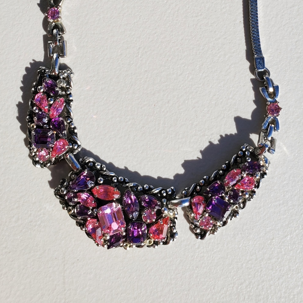Vintage Barclay Signed Rhinestone Choker Necklace; purple and pink stones - Picture 1 of 7